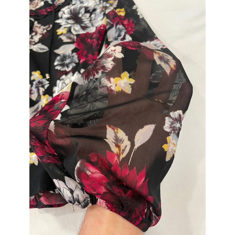 White House Black Market Floral Mesh Ruffle Tie Neck Blouse Black Burgundy Small - Picture 5 of 8